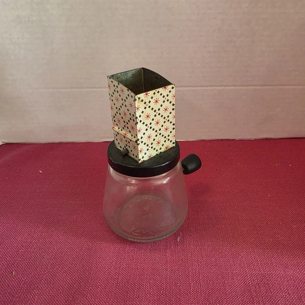 Vintage Androck Nut Grinder Chopper Glass Jar Starburst Red #49 Made In USA